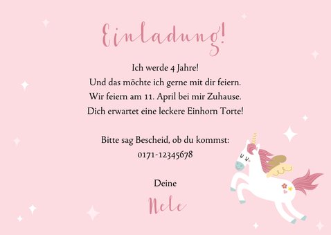 Einladungskarte 4. Kindergeburtstag Regenbogen und Einhorn 3