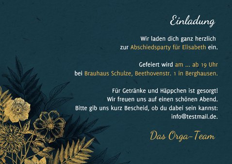 Einladungskarte Ausstand Fotocollage blau goldene Blumen 3