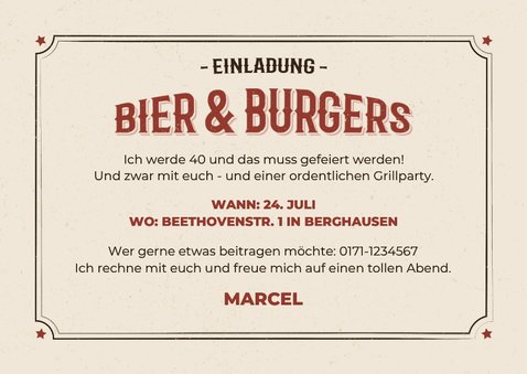 Einladungskarte Grillfest 'Bier & Burgers' Gartenparty 3