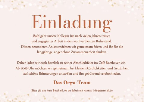 Einladungskarte Ruhestand rosa Glitzer Abschied Kollegin 3