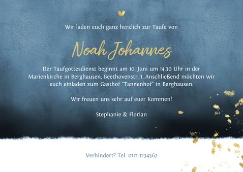 Einladungskarte Taufe Aquarell blau & Goldlook Foto innen 3