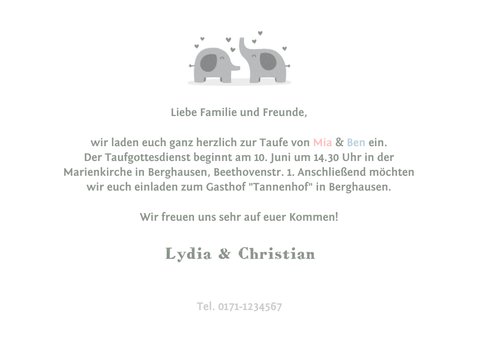 Einladungskarte Taufe Elefanten Zwilling Fotos innen 3