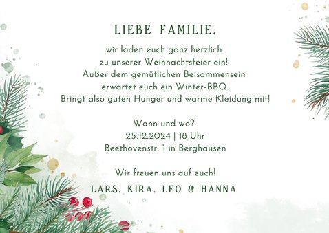 Einladungskarte Weihnachtsdinner Tannenzweige und Beeren 3