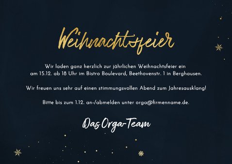 Einladungskarte Weihnachtsfeier Firma blau Schneekristall 3
