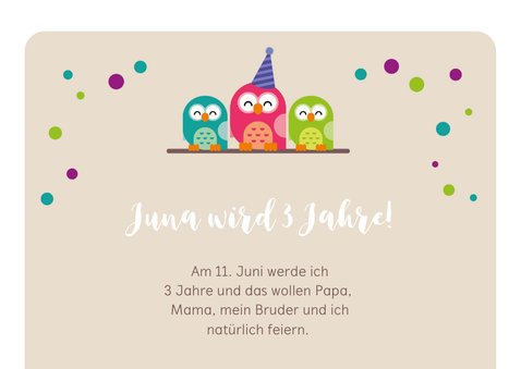 Einladungskarte zum 3. Kindergeburtstag pinke Eule 2