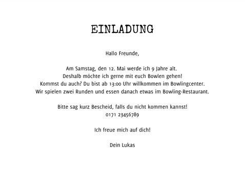 Einladungskarte zum Bowling 9. Kindergeburtstag 3