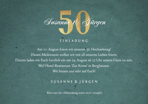 Einladungskarte zur goldenen Hochzeit Goldlook 3