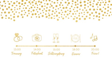 Einladungskarte zur Hochzeit im Goldlook mit Timeline 2
