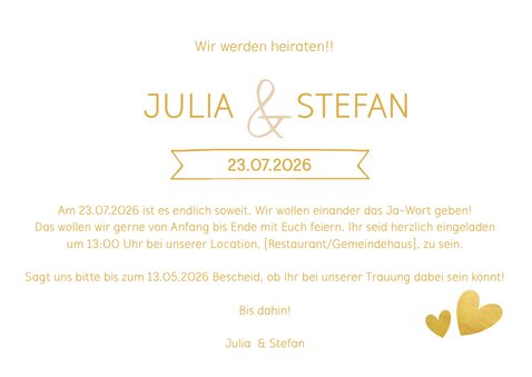 Einladungskarte zur Hochzeit im Goldlook mit Timeline 3