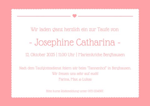 Einladungskarte zur Taufe eigenes Foto rosa Herz 3