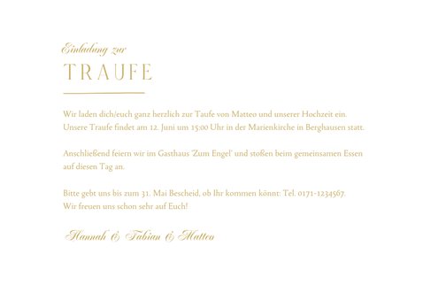 Einladungskarte zur Traufe Spitze, Foto & Goldakzente 3