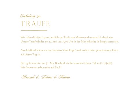 Einladungskarte zur Traufe Spitze, Foto & Goldakzente 3