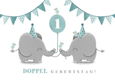 Einladungskarte Zwillinge blau Elefanten mit Luftballon  2
