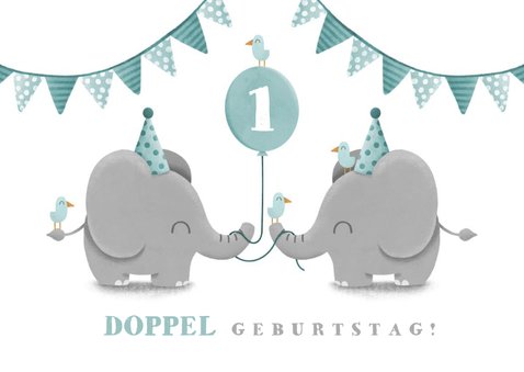 Einladungskarte Zwillinge blau Elefanten mit Luftballon 2