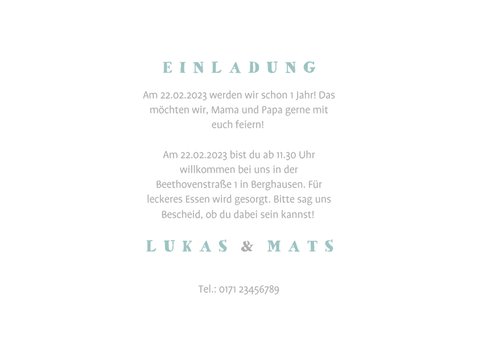 Einladungskarte Zwillinge blau Elefanten mit Luftballon  3