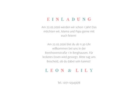 Einladungskarte Zwillinge blau-rosa Elefanten mit Luftballon 3