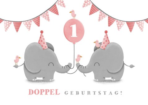 Einladungskarte Zwillinge rosa Elefanten mit Luftballon 2