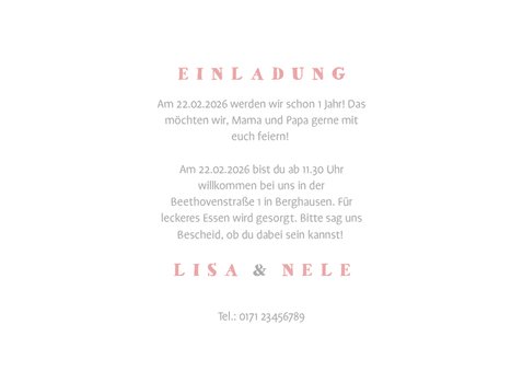 Einladungskarte Zwillinge rosa Elefanten mit Luftballon 3