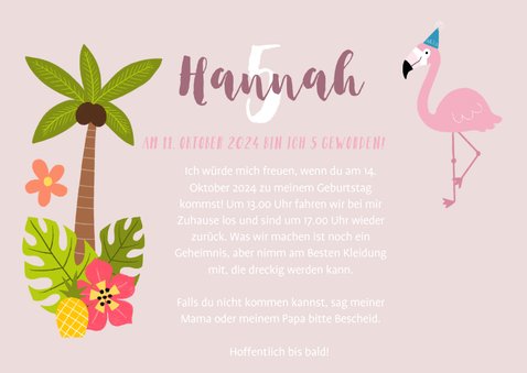 Flamingo Einladung zum Kindergeburtstag mit Foto und Palmen 3