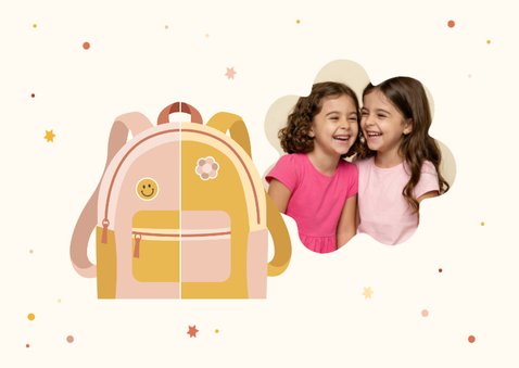 Foto-Dankeskarte 1. Schultag Zwilling rosa-gelber Rucksack 2