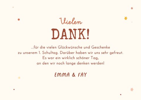 Foto-Dankeskarte 1. Schultag Zwilling rosa-gelber Rucksack 3
