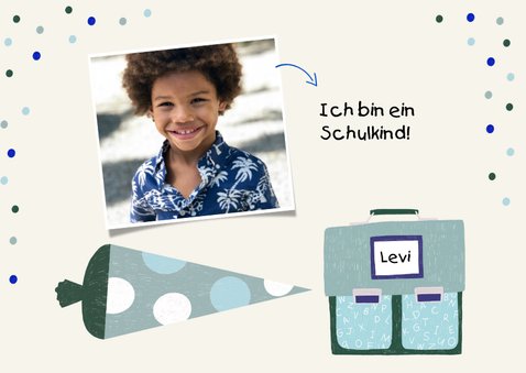 Foto-Danksagung zur Einschulung blau Schulranzen & Schultüte 2