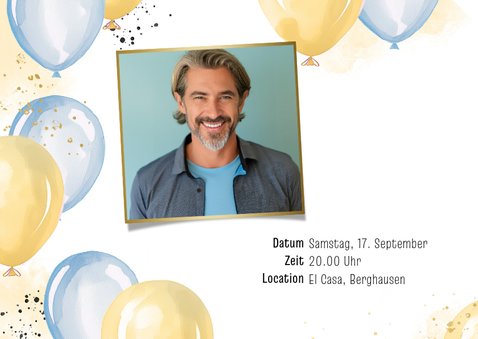 Foto-Einladung Geburtstag 'Time to party' blaue Luftballons 2