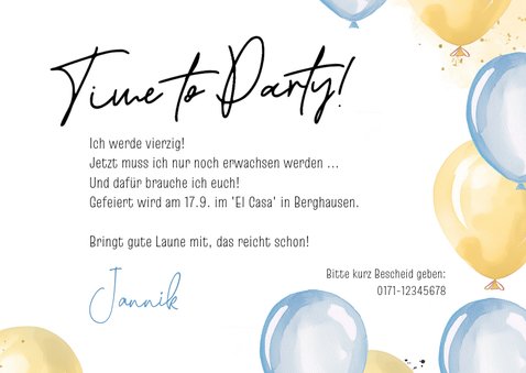 Foto-Einladung Geburtstag 'Time to party' blaue Luftballons 3