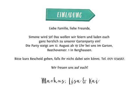 Foto-Einladungskarte Gartenparty Wegweiser  3