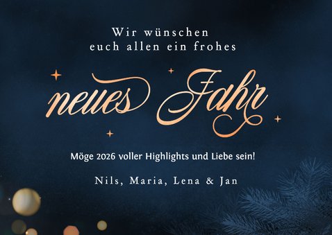 Foto-Neujahrskarte Bokeh Schriftzug Kupferoptik 3