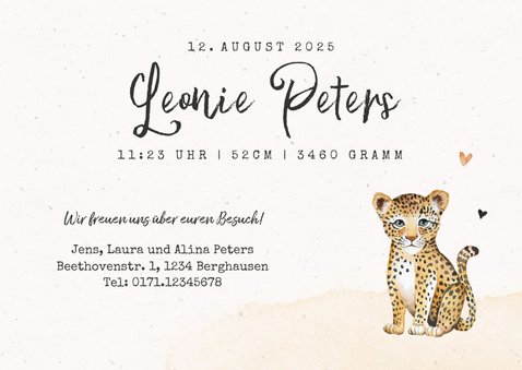 Geburtskarte mit kleinem Leopard und Palmen 3