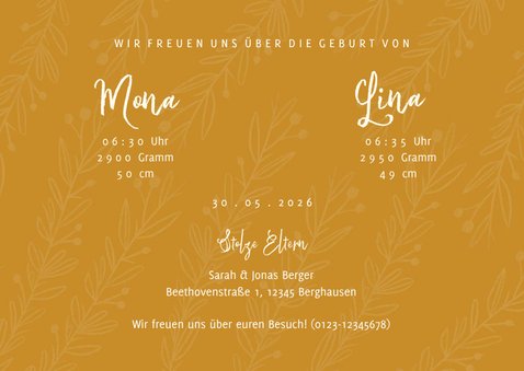 Geburtskarte Zwilling ocker botanisch mit Fotos 3