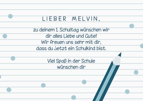 Glückwunschkarte Einschulung blaue Buntstifte & Konfetti 3