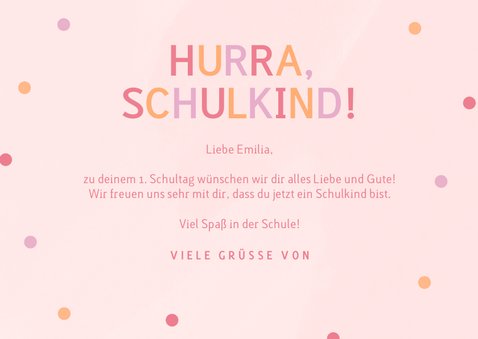 Glückwunschkarte hellrosa Schulkind 1. Schultag 3