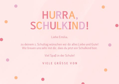 Glückwunschkarte hellrosa Schulkind 1. Schultag 3