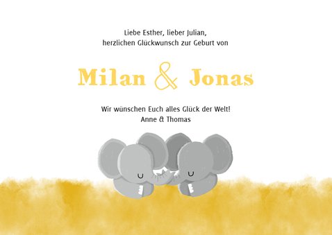 Glückwunschkarte zur Geburt von Zwilling Elefanten neutral 3