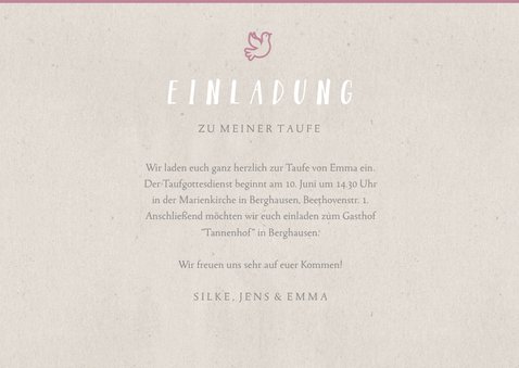 Grafische Einladung zur Taufe Foto rosa 3