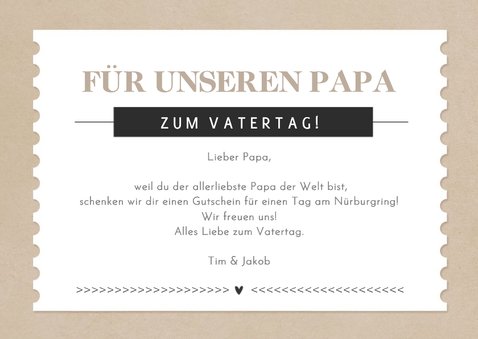Gutscheinkarte Ticket zum Vatertag auf Papierstruktur 3