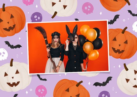 Halloween-Einladungskarte Lila Kürbisse und Fledermäuse 2