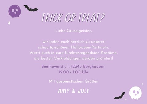 Halloween-Einladungskarte Lila Kürbisse und Fledermäuse 3
