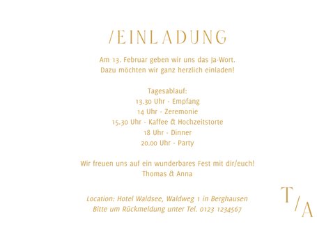 Hochzeitseinladung Goldschrift minimalistisch 3