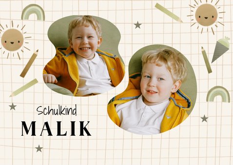 Karte Danke Einschulung olivgrün, Fotos & kleine Symbole 2