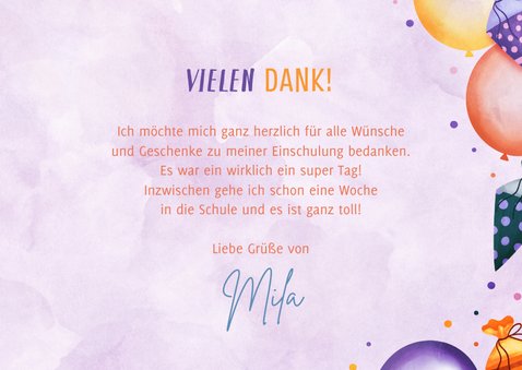 Lila Danksagung zur Einschulung Lufballons & Schultüten 3