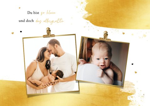 Moderne Geburtskarte mit Foto und Golddruck 2