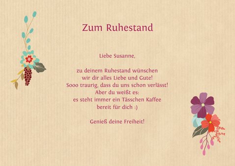 Ruhestand Karte Glückwunsch Buchstaben mit Blumen 3