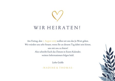 Save-the-Date-Karte dunkelblau Pflanzen und Foto 3