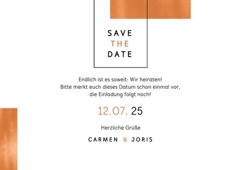 Save-the-Date-Karte Hochzeit Kupfer grafisch Fotocollage 3