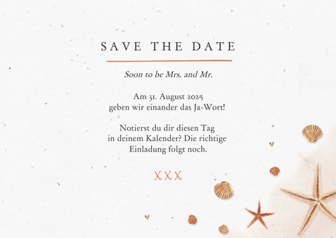 Save-the-Date-Karte Seesterne, Muscheln und eigene Fotos 3