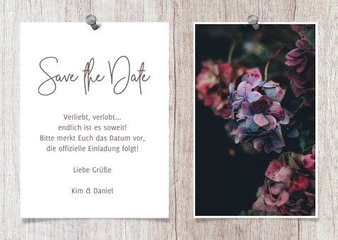 Save-the-Date-Karte zur Hochzeit Fotos auf Holz 3