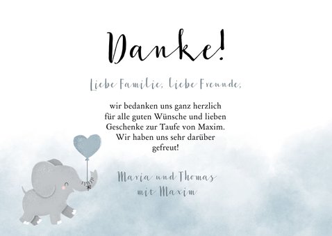 Taufe Dankeskarte blau Aquarell Elefant Luftballon & Fotos 3